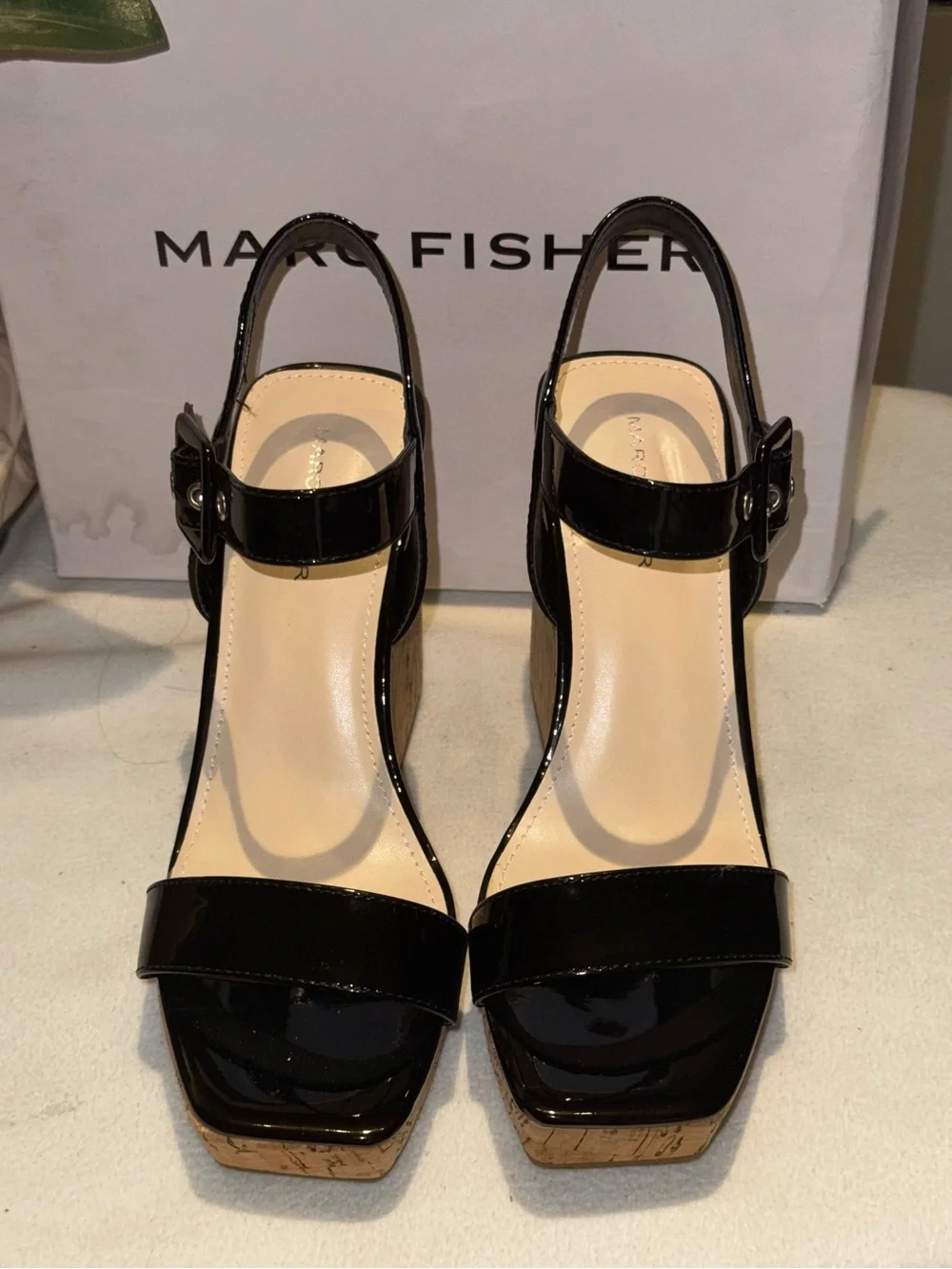 Marc Fisher Black Patent Cork Platform Wedge Sandals